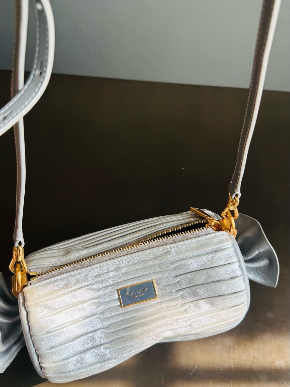 kate spade metallic pleated silver leather crossbody barrel bag k9980